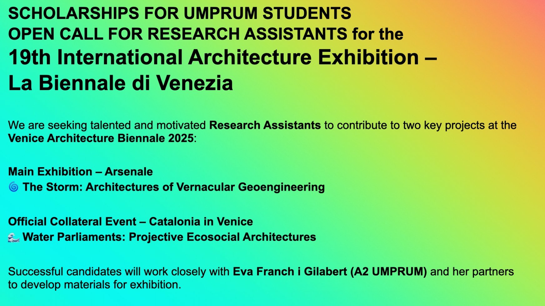 SCHOLARSHIPS FOR UMPRUM STUDENTS - OPEN CALL FOR RESEARCH ASSISTANTS for the 19th International Architecture Exhibition – La Biennale di Venezia